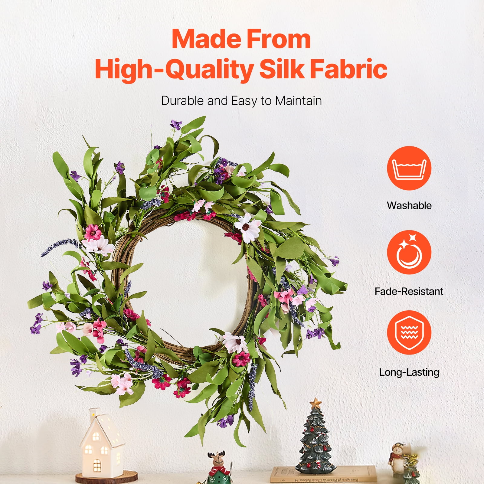 KFFKFF 22-Inch Artificial Decorative Wreath, Pink and Green, Adorned with Daisies, Baby's Breath, and Buds, Versatile Year-Round Decoration for Indoor and Outdoor Use, Perfect for Home, Wall, Window