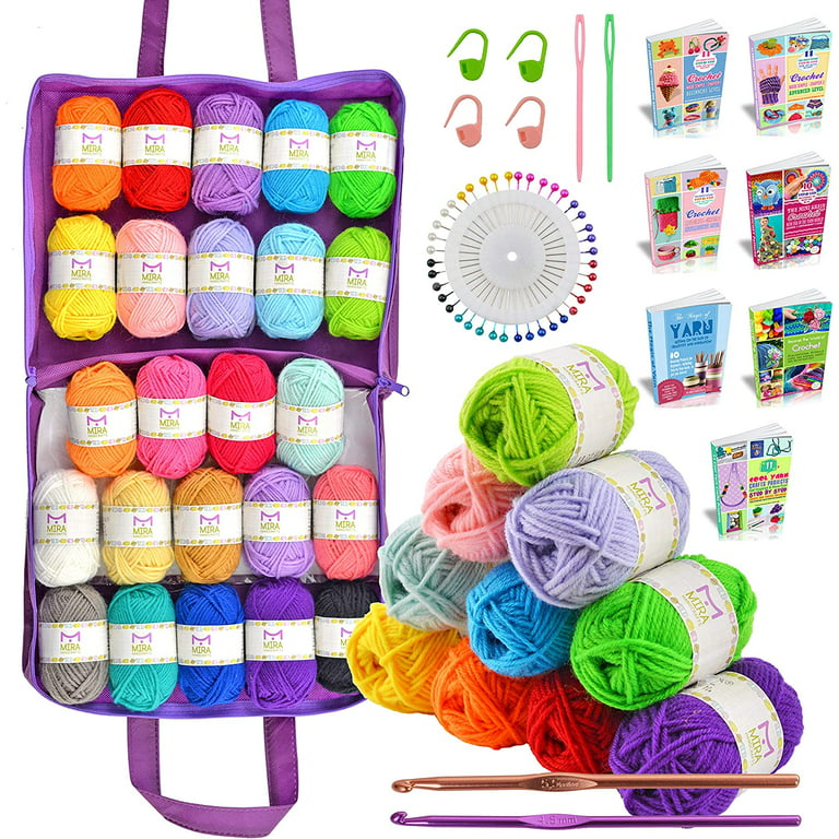 Mira Handcrafts Crochet Kit for Beginners | 24 Skeins of Colorful Acrylic Yarn for Crocheting and Knitting (1032 Yards) | Includes Storage Ba