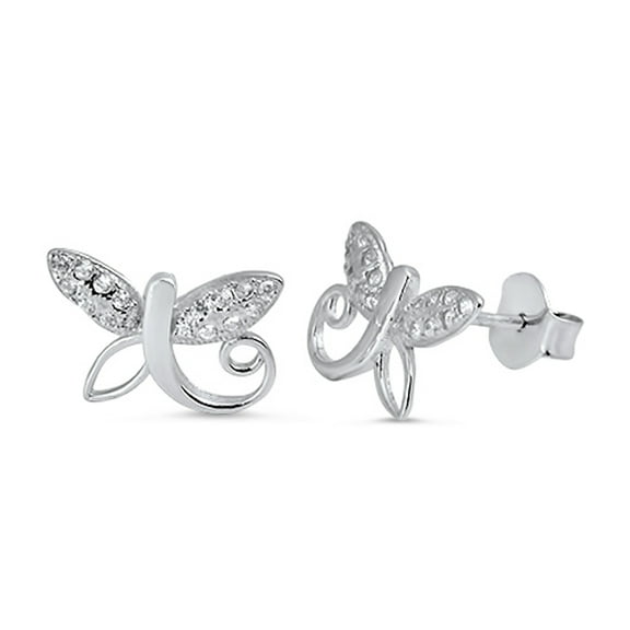 Studded Dragonfly Filigree Swirl Insect Clear CZ .925 Sterling Silver Earrings Jewelry Female