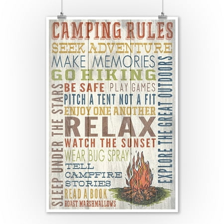 Rustic Metal Artwork Camping Rules - Rustic Typography - Lantern Press Artwork (9x12 Art Print, Wall Decor Travel Poster) ()