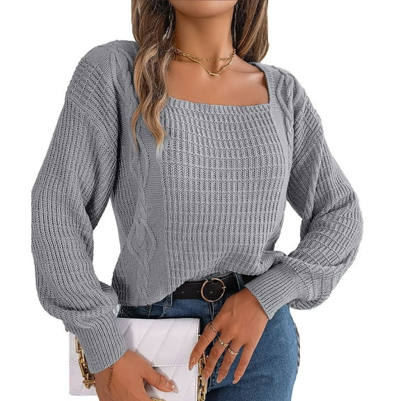 Woman Cable Knit Drop Shoulder Sleeve Sweater Pure Color Long Sleeve Fashion Leisure Pullover Sweater Grey L