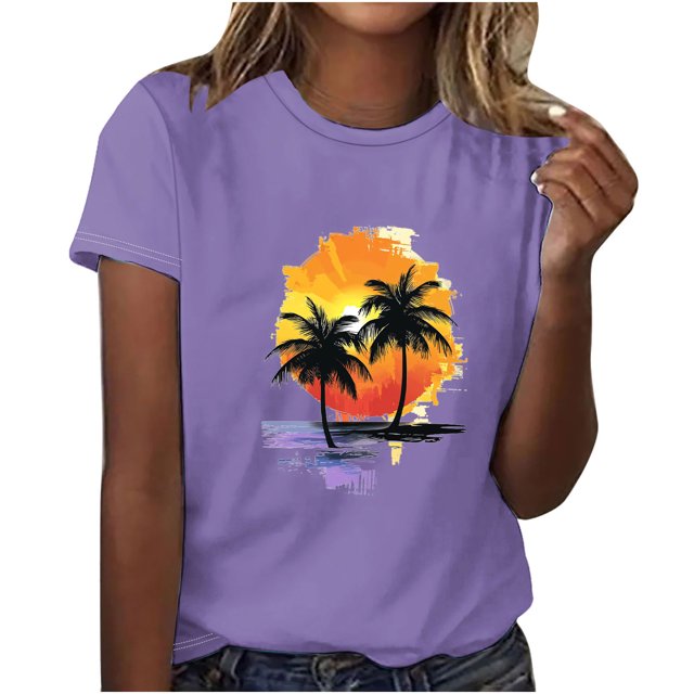Tops de Manga Corta de Algodón para Mujeres, Moda Impresa Cuello Redondo Blusa Casual para el Hogar Y el Uso Diario