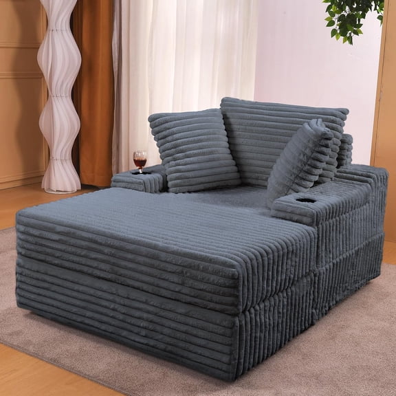 Grey Oversized Chaise Lounge Chair Indoor with Storage Ottoman, Upholstered Corduroy Sofa Bed Cloud Sofa with 3 Pillows