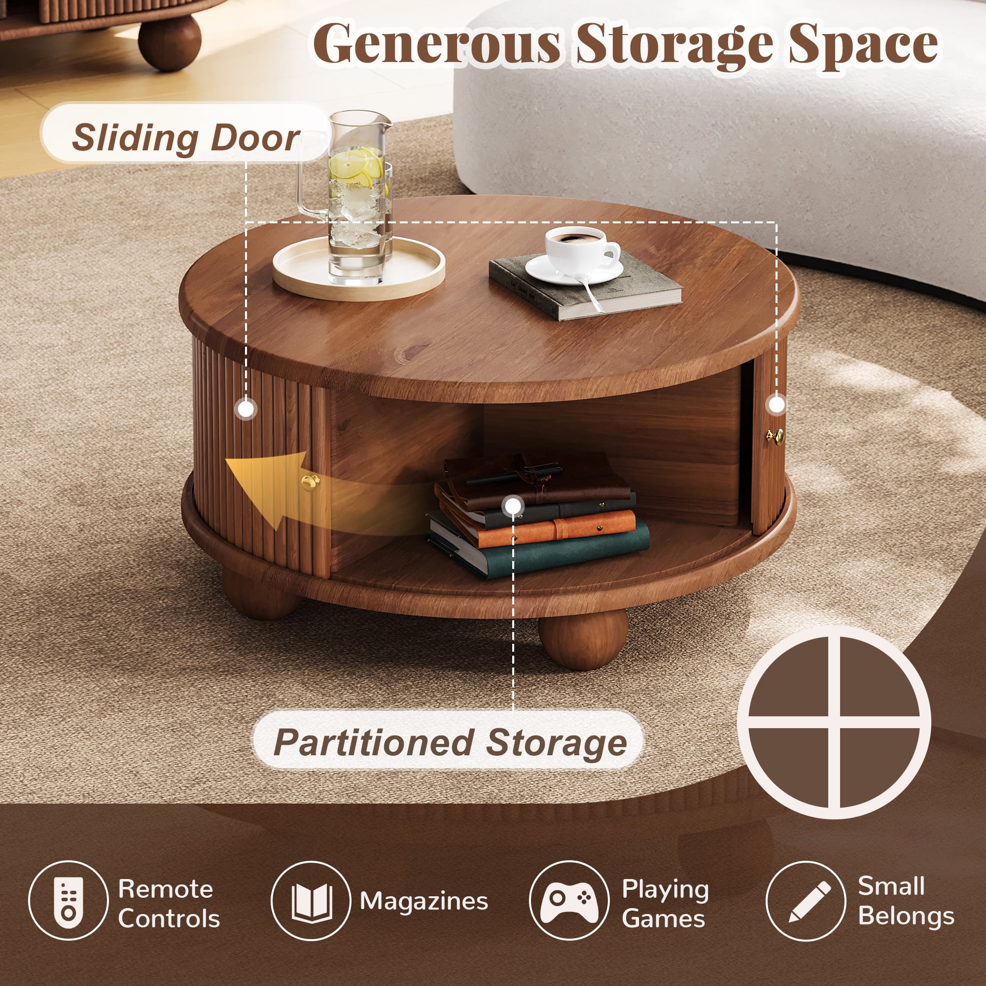 Euroco Round Fluted Coffee Table with Storage, Sliding Door, Walnut, 31.8"