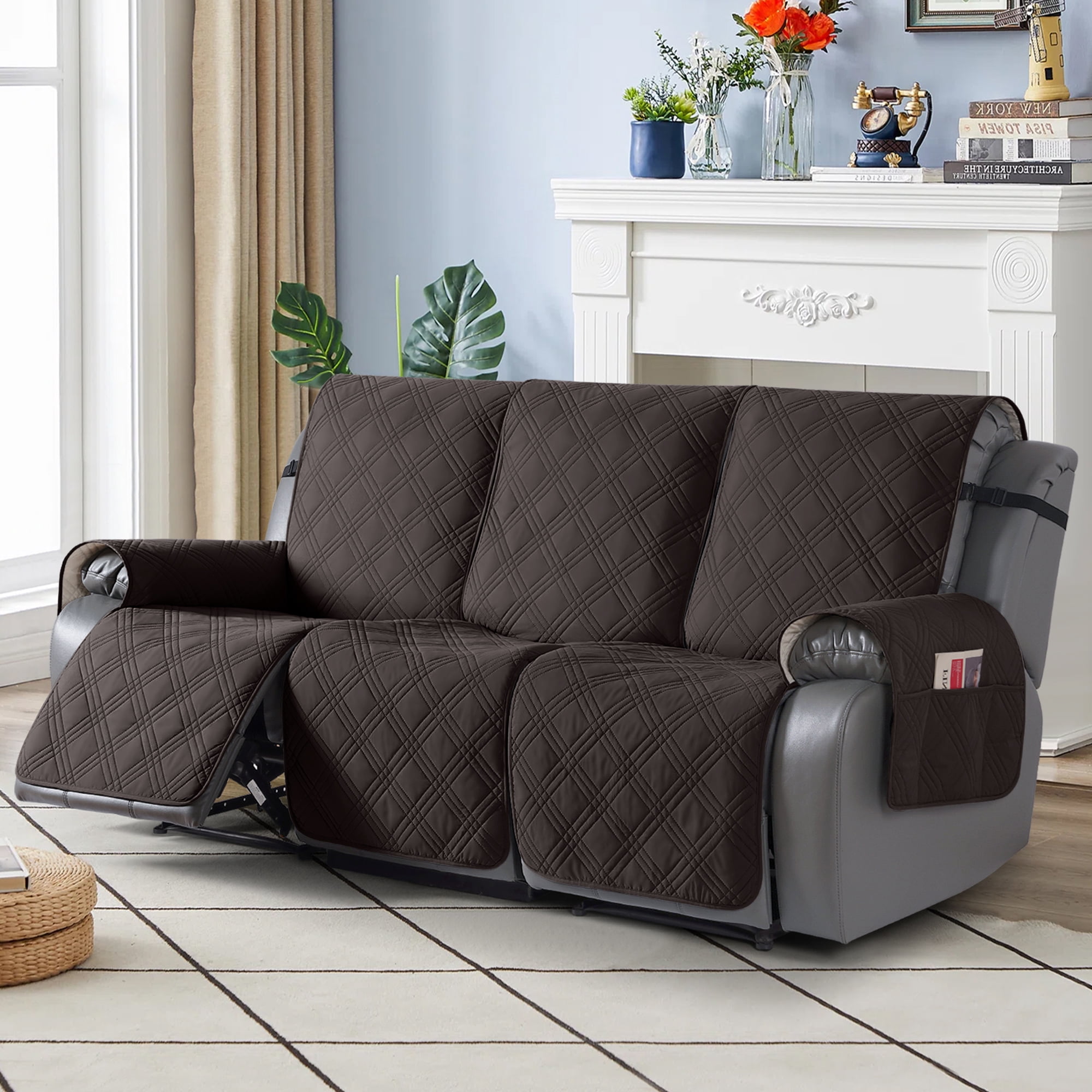 TAOCOCO Non-Slip Waterproof Recliner Sofa Covers, Washable Split Sofa Slipcovers for Reclining 3 Seater Couch, Recliner Sofa Cover with Side with Pockets Home Furniture Protectors,Coffee