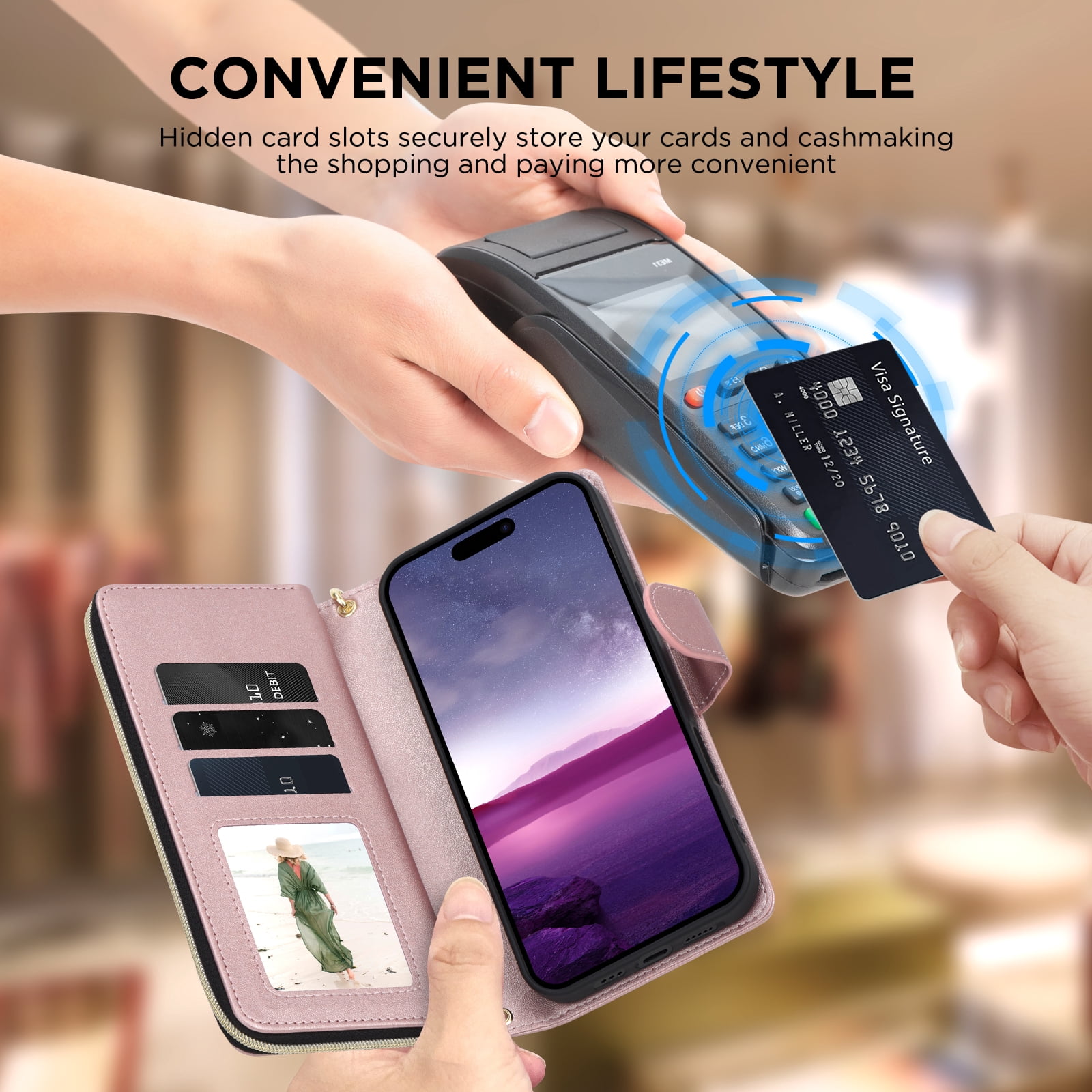 for iPhone 13 Pro Wallet Case, Multi-Functional Zipper Purse Case, with Flip Stand Card Holder PU Leather Phone Cover with Lanyard & Wrist Strap for iPhone 13 Pro, Rosegold