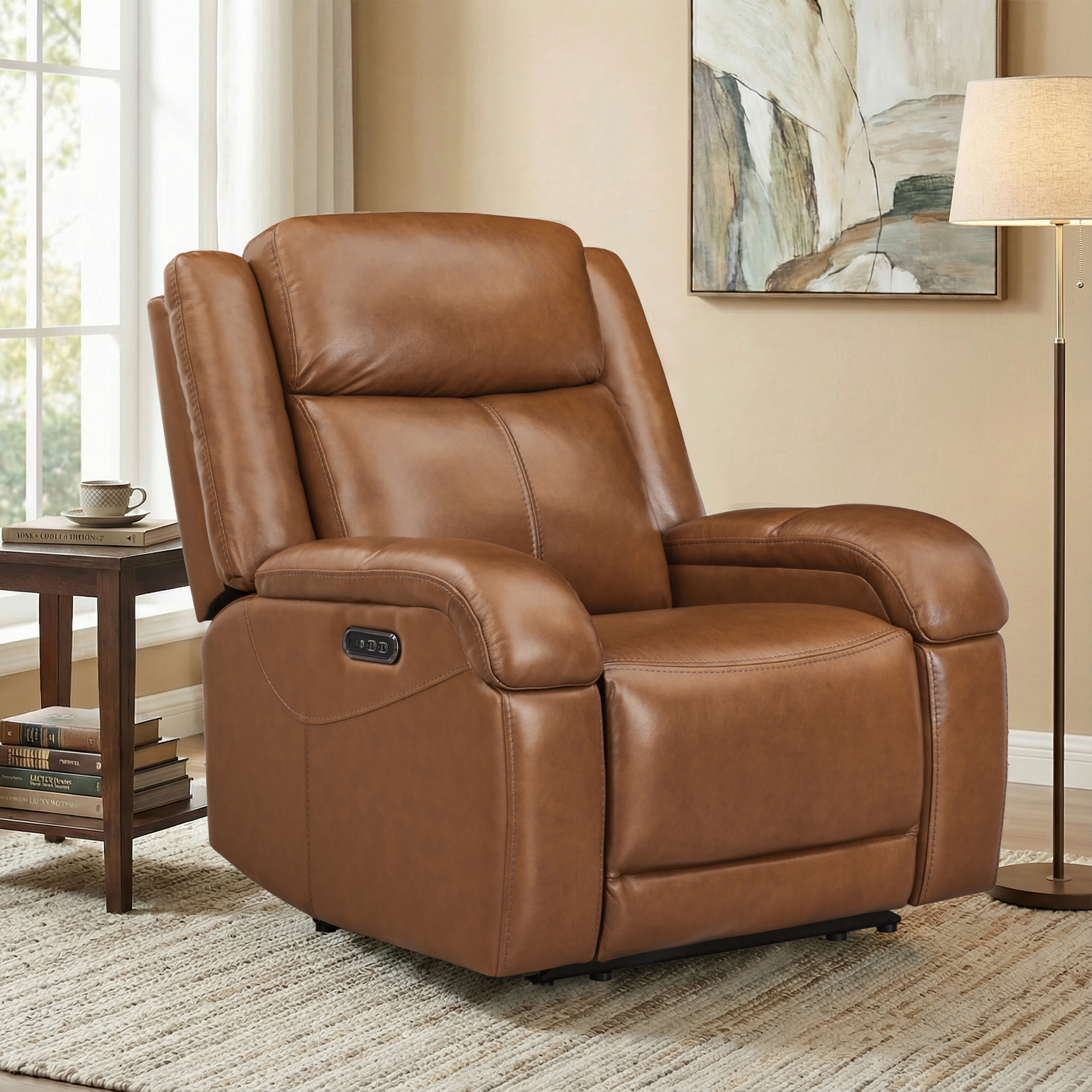 Spruce & Spring Genuine Leather Wall Hugger Power Recliner with Dual Motors, Saddle-Medium