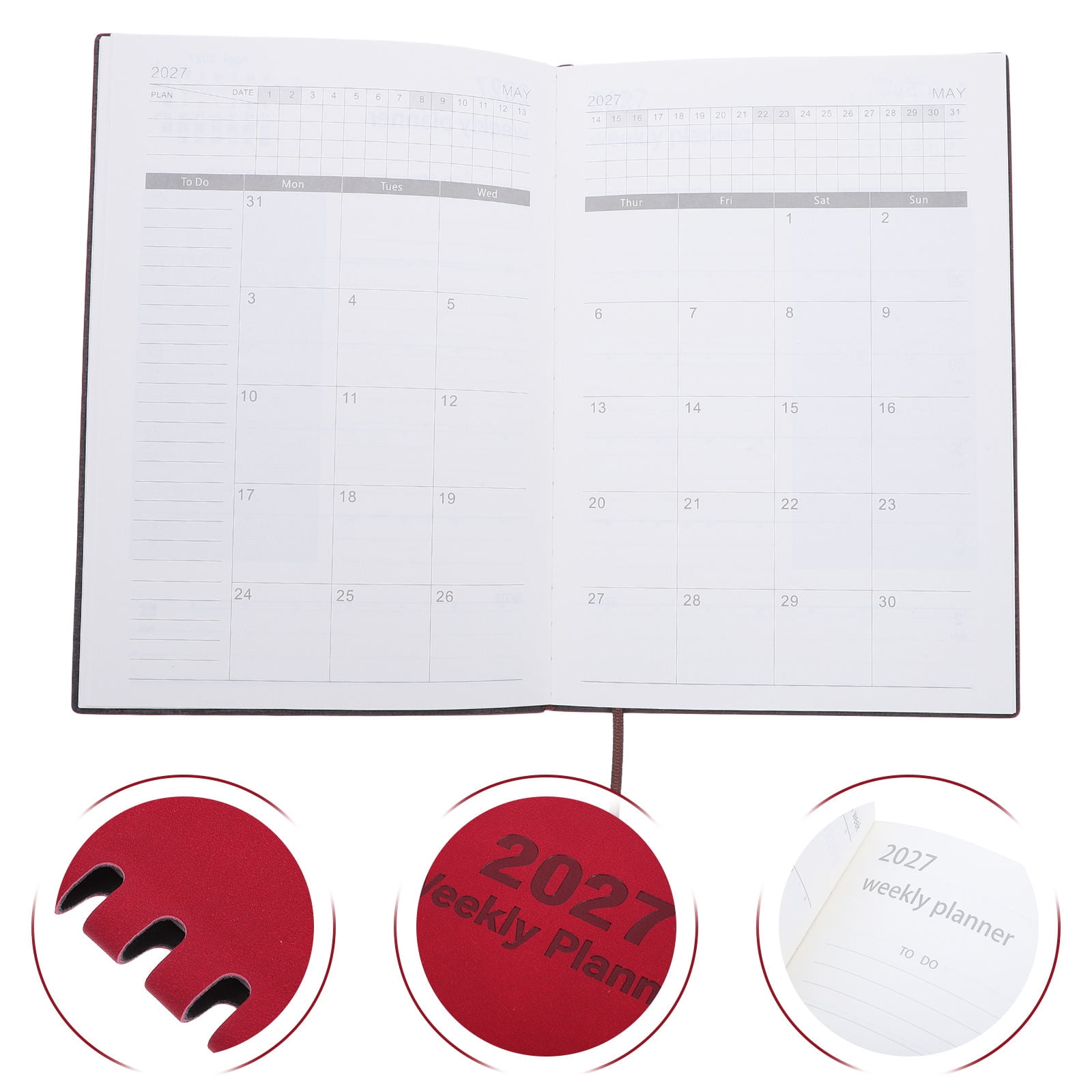 Amosfun 76-Sheet 2027 English Daily Journal Red A5 Planner Notebook for Work School and Academic Tracking