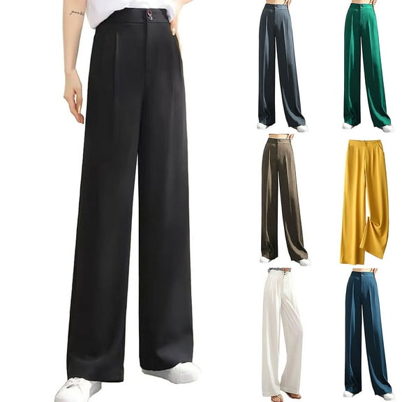 QLEICOM Womens Slacks Women's Relaxed Fit Straight Leg Pants Fashion Full-Length Loose Pants Solid High Waist Trousers Long Straight Wide Leg Pants Wide Leg Pants Relaxed Fit Trousers Gray L