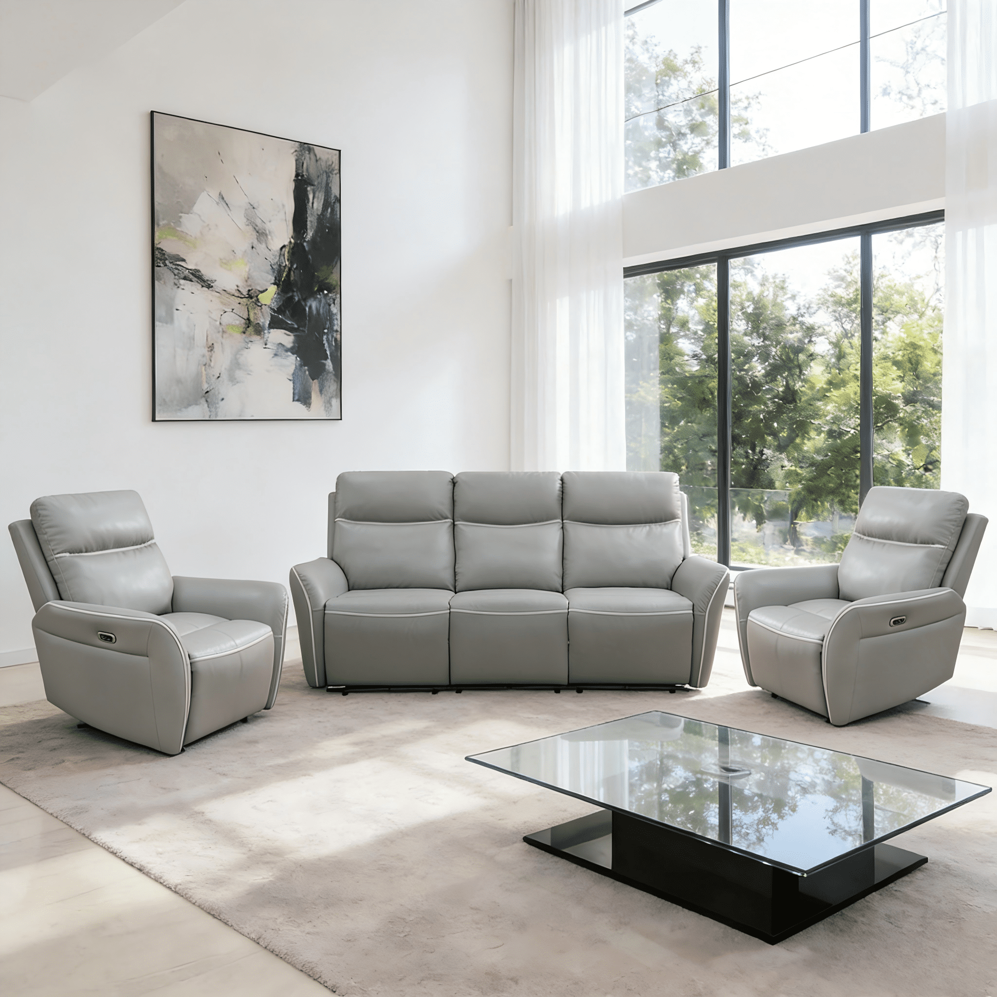 Gewnee Air Leather Recliner Sofa Set Power Reclining Sofa with Two Chair 3 Piece Reclining Living Room Set for Home Theater