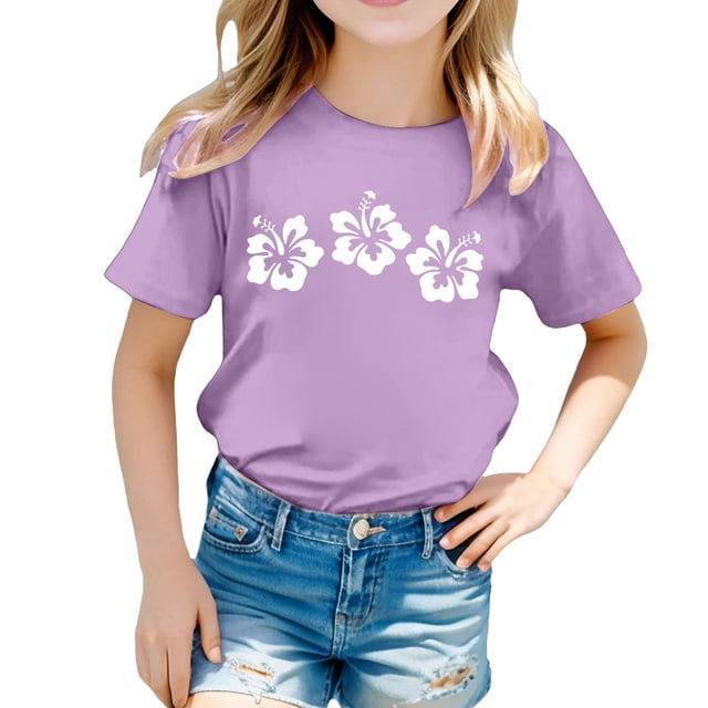 Hiiyo T-Shirt pour Grande Fille à Imprimé Floral, Manches Courtes, Col Rond, T-Shirt Décontracté pour Enfants