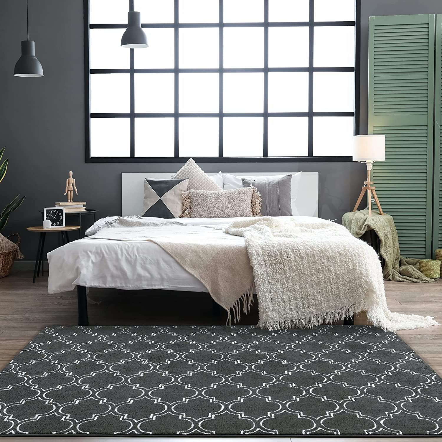 Junovo 4'x6'Modern Geometric Area Rug for Bedroom and Living Room, Fluffy Indoor Carpet for Family Room Decor,Dark Gray