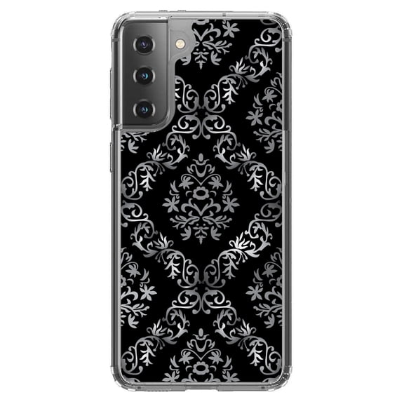 DistinctInk Clear Shockproof Hybrid Case for Galaxy S21 5G (6.2" Screen) - TPU Bumper, Acrylic Back, Tempered Glass Screen Protector - Black White Silver Grey Damask - Floral Damask