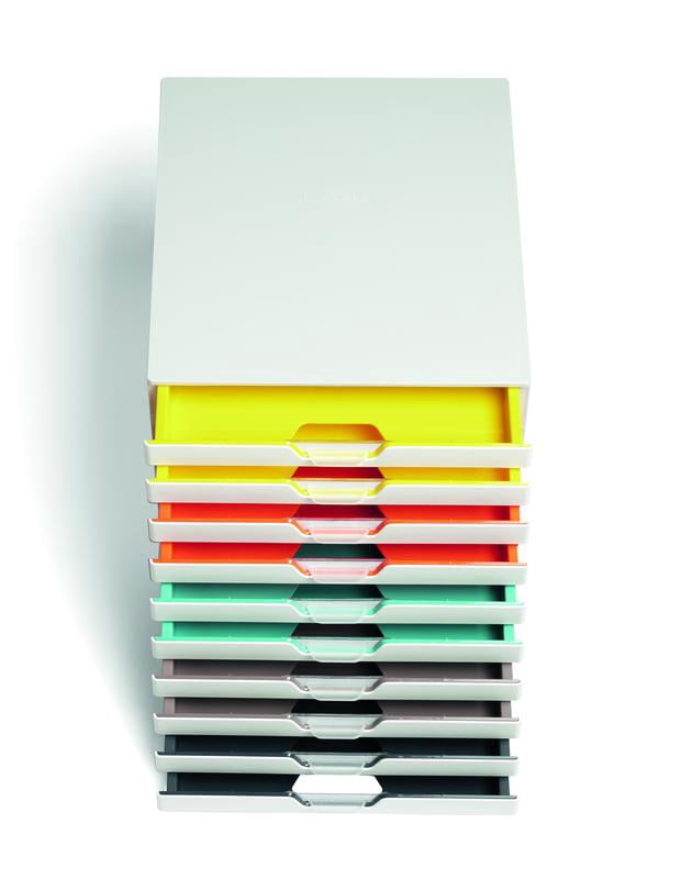 DURABLE Desktop Drawer Organizer (VARICOLOR MIX 10 Compartments with Removable Labels) 11" w x 14" d x 11.375" h, White & Multicolored (763027)