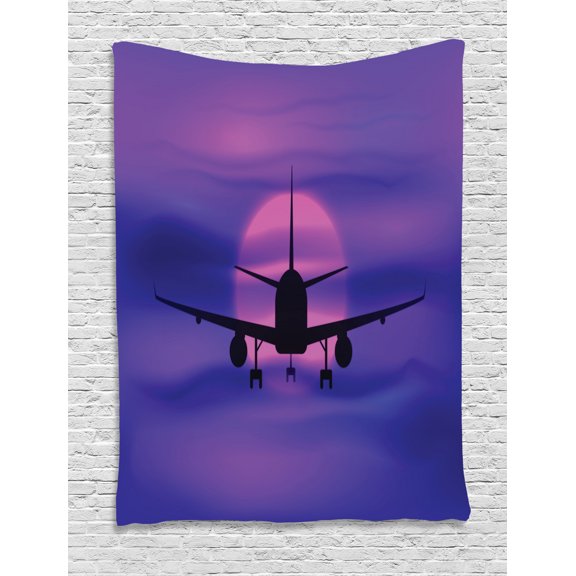 Purple Tapestry, Plane Silhouette in Dreamy Fantasy Sunset Sky Vacation Holiday Travel Theme, Wall Hanging for Bedroom Living Room Dorm Decor, 40W X 60L Inches, Indigo Pink Black, by Ambesonne