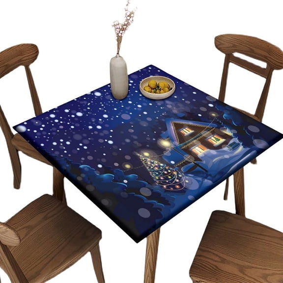 Elastic Edge Fitted Tablecloth, Winter Landscape Merry Christmas Pattern Printed on Stain Resistant Polyester Table Cloth, for Kitchen Dining Party Patio, Fit for 36" x 36"Square Table