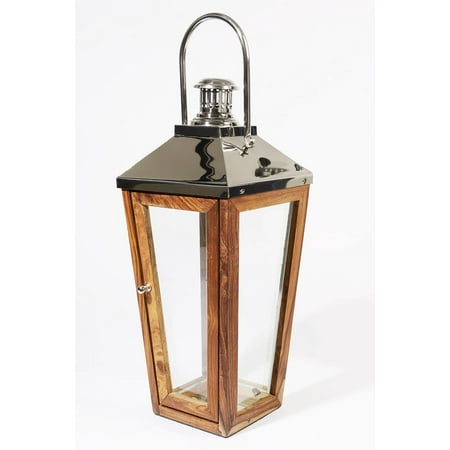 Kaemingk 28.5" Beach Day Over-Sized Modern Stainless Steel and Sheesham Wooden Pillar Candle Lantern
