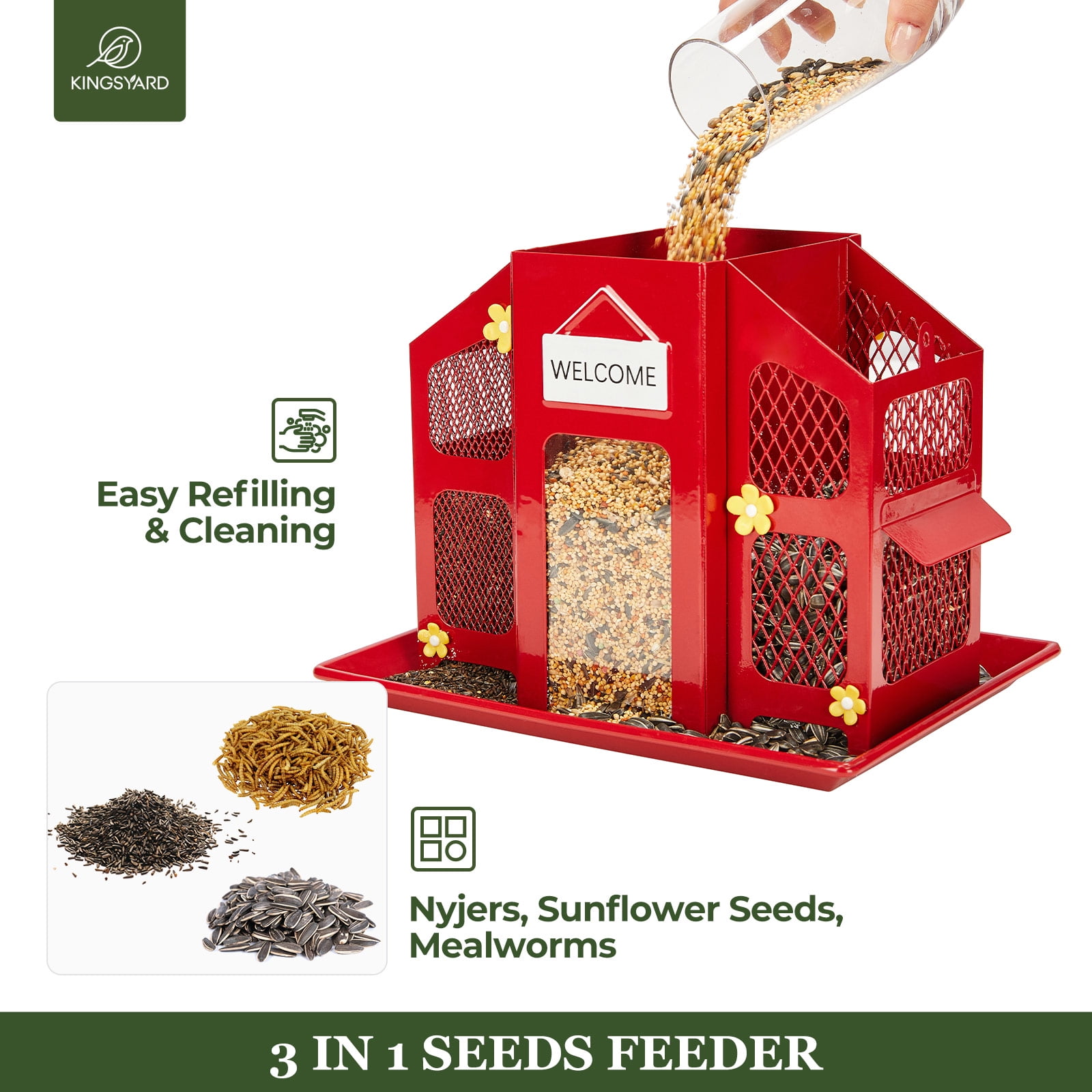 Kingsyard Metal Bird Feeder House for Outdoors Hanging, Triple Feeders for Finch Cardinal, Red