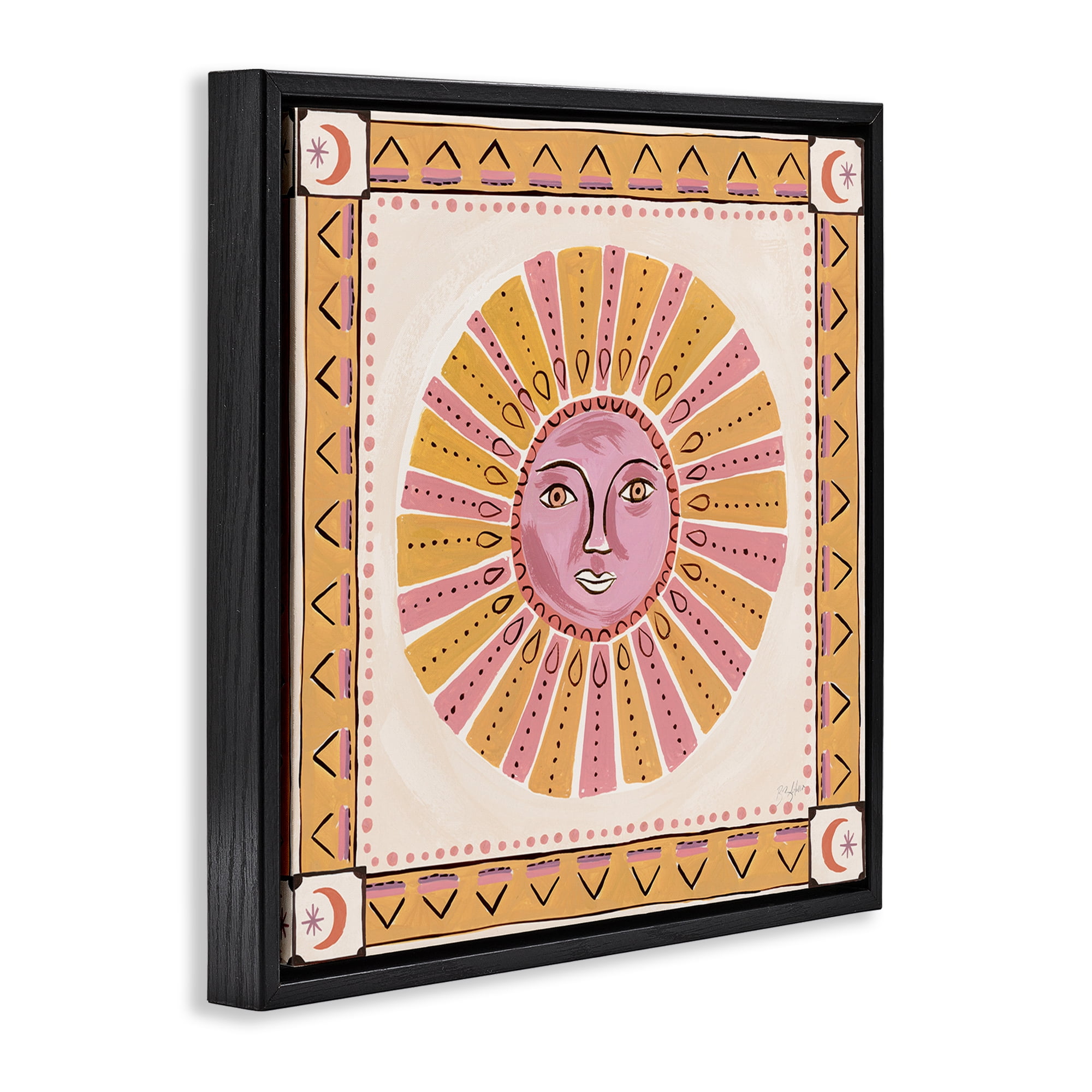 Stupell Industries Pink Sun Face with Geometric Border Black Framed Floater Canvas Wall Art, design by Two If By Sea Studios