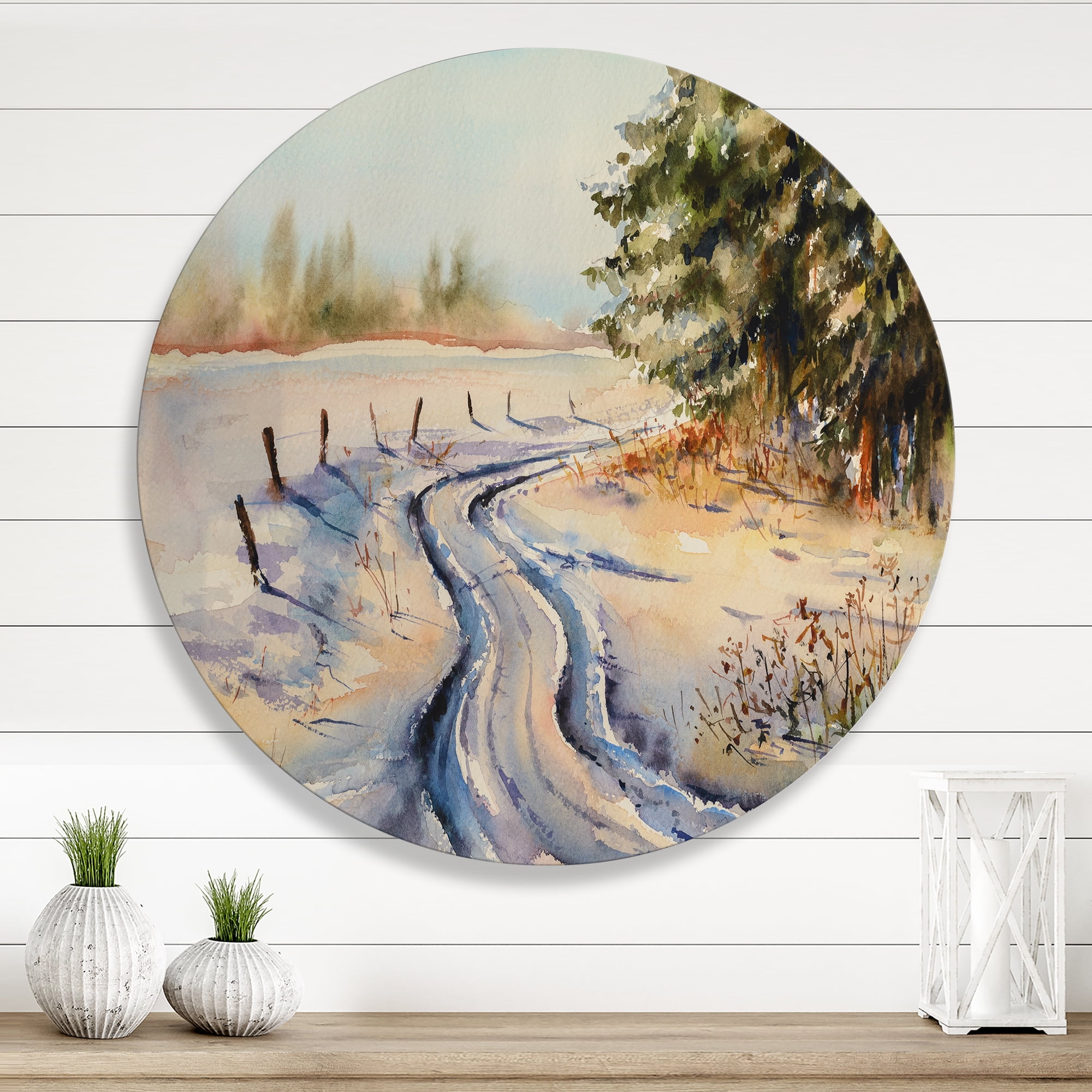 Designart 'Snowy Winter Forest Landscape Rural Road In Snow' Traditional Circle Metal Wall Art 11x11 - Disc of 11