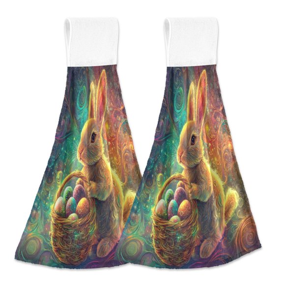 BZSMCE Hanging Hand Towels Fashion Magical Bunny Pattern 2-Pack - Velcro Style Bathroom Kitchen Towels