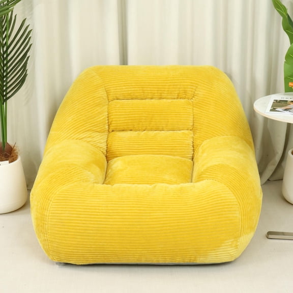 Yellow Corduroy Beanbag Couch - Cozy Fabric Lounger for Living Room, Bedroom, Dorm - Fluffy Cloud Mini Sofa Chair, Comfortable & Ergonomic Design