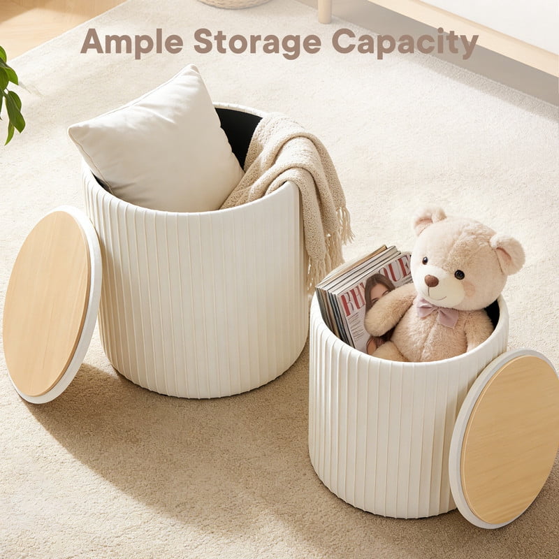 Gianna Round Ottoman Set of 2 with Reversible Seat, Upholstered Vanity Stool, Comfortable Footrest With Storage for Living Room, Bedroom, Beige