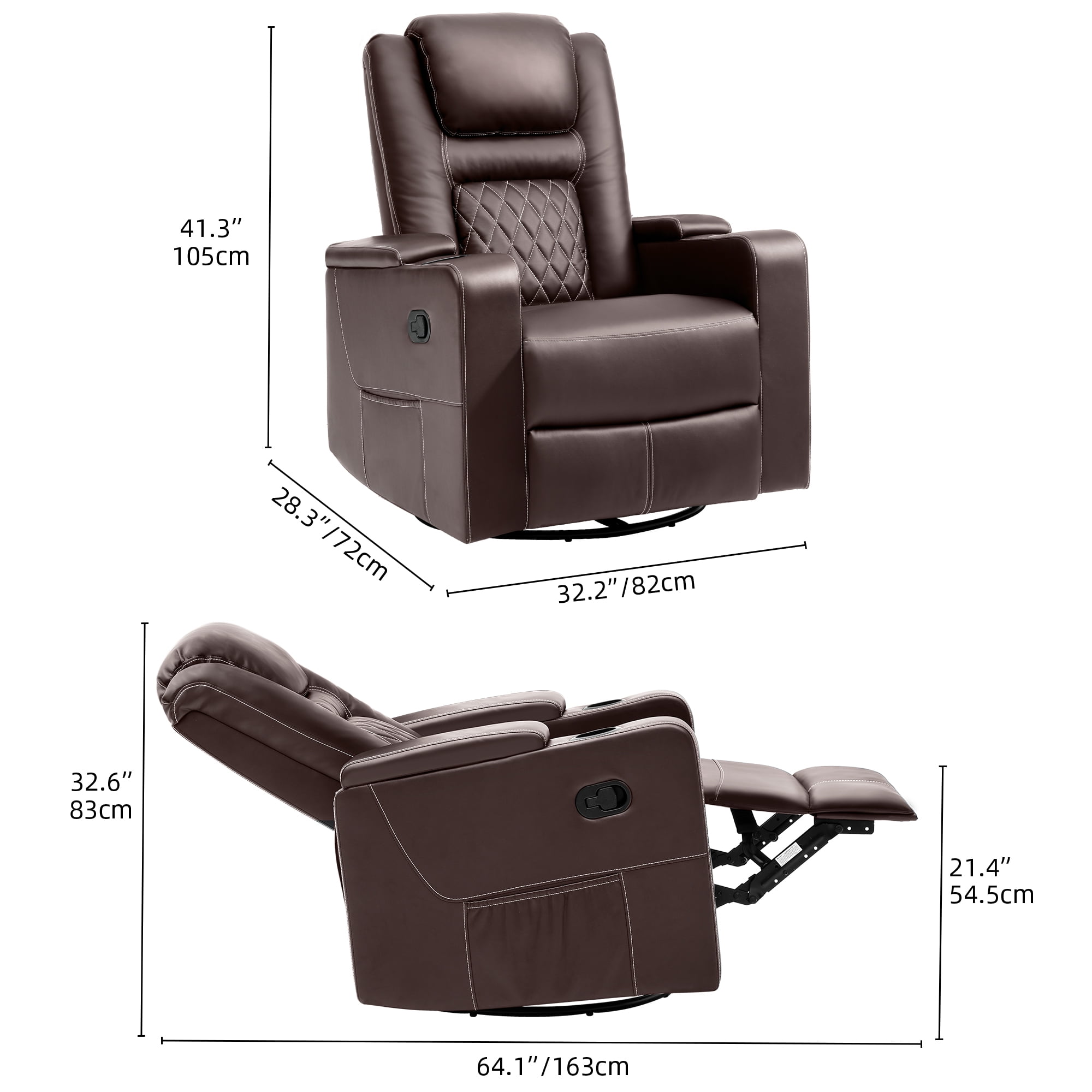 Dextrus Rotating Rocker Recliner with Heat and Massage, Concealed Armrest Storage, Faux Leather Rocking Chair with Drink Holders, Comfortable Cinema Seating, Manual Lounge Chair, Brown