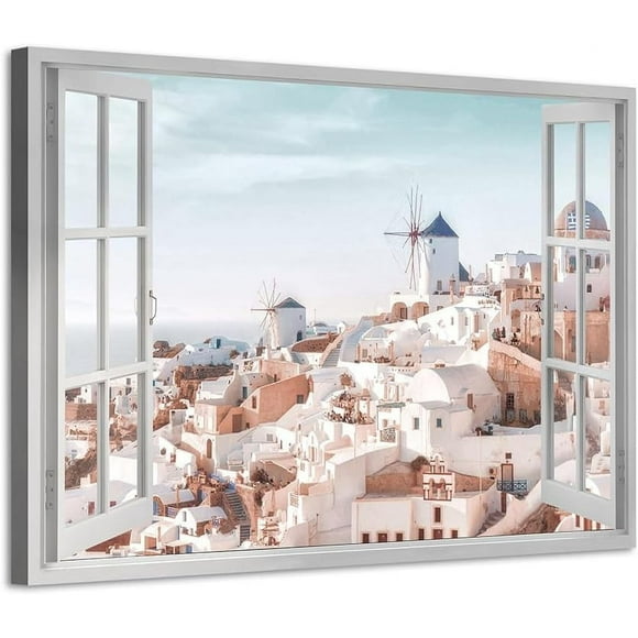 Window Mediterranean Landscape Wall Art: Santorini Greek Island Canvas Cityscape Picture Painting Minimalist Prints for Greece Living Room Bedroom Artwork