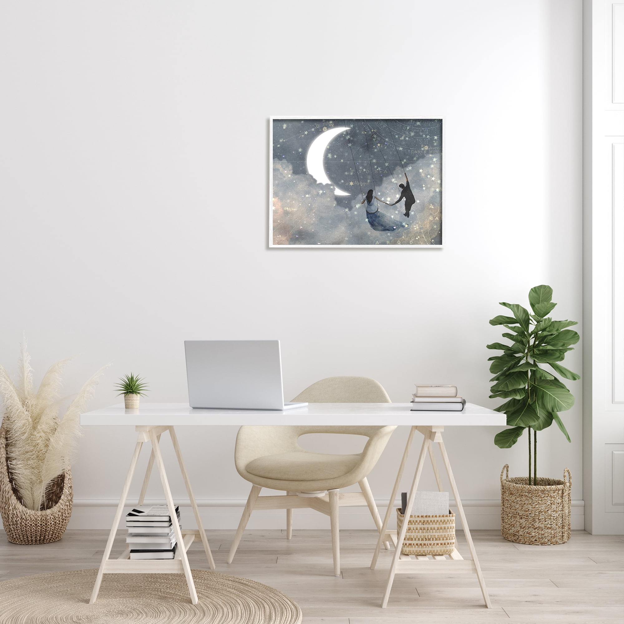 Stupell Industries Grey and Blue Celestial Love Sky Swinging by the Crescent Moon and Stars, 24 x 30,Design by Victoria Borges
