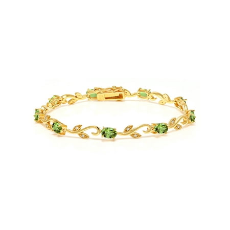 - 4.63 Ct Oval Green Peridot White Diamond 18K Yellow Gold Plated Silver Bracelet