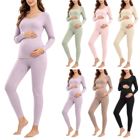 QSXADF Women Thermal Nursing Underwears Maternity Pajama Solid Thermal Underwears Set Long Sleeve Maternity Nursing Sleepwear for Pregnancy Postpartum Women's Homewear Fall Winter Clothing Set