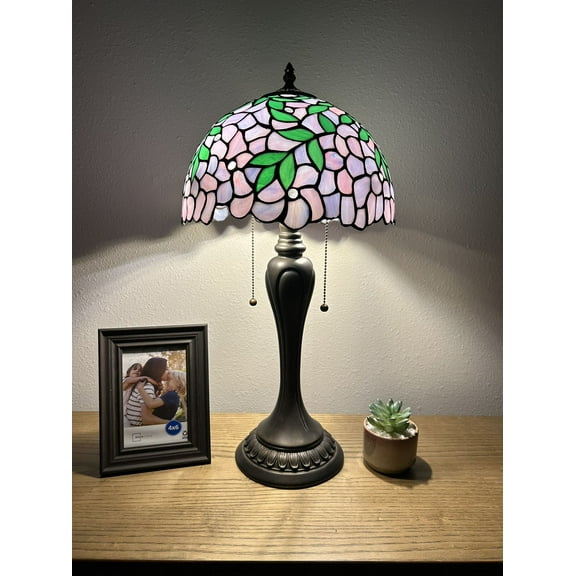 Tiffany Table Lamp Purple Stained Glass Green Leaves LED Bulbs Included for Living Room Dining Room Bedroom Bedside 12"W*12"D*22"H