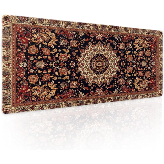 Vintage Rug Gaming Mouse Pad - XL Dark Brown Retro Carpet Aesthetic, Extended Large Mat, Non-Slip Rubber Base, Stitched Edge, Flower Keyboard Pad Playmat for Computer, 31.5x11.8 Inch