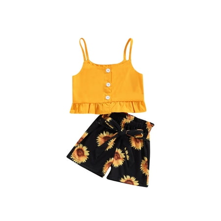 

xkwyshop Toddler Baby Girl Summer Clothes Cami Tank Tees Tops Ruffle Sunflower Shorts Outfits Set Yellow 4-5 Years