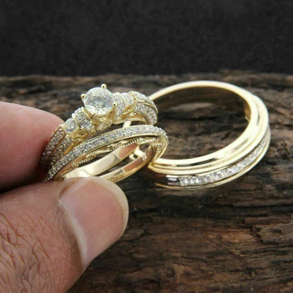 Moissanite 2.50Ct Plated Gold Engagement 14K Trio Yellow Wedding Ring