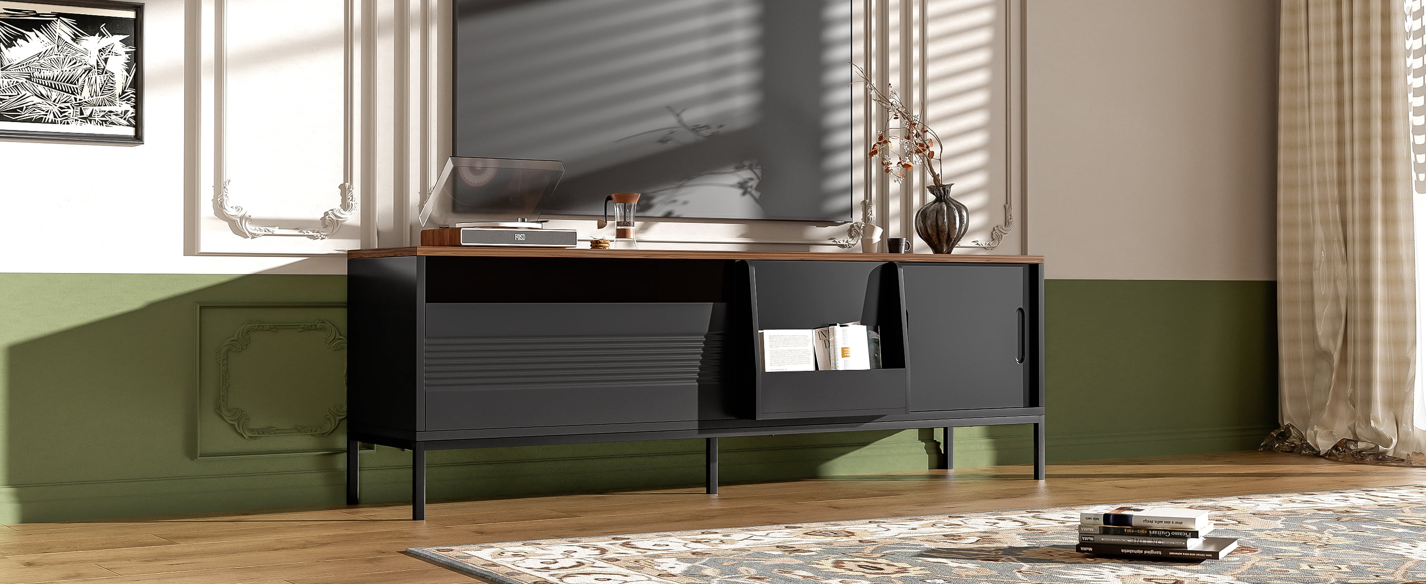 Euroco 70.8'' Modern TV Stand for TVs up to 75 Inches, Entertainment Center with Storage Space, Sliding Doors, Adjustable Shelves and Metal Frame, Mid Century Modern Media TV Console Table