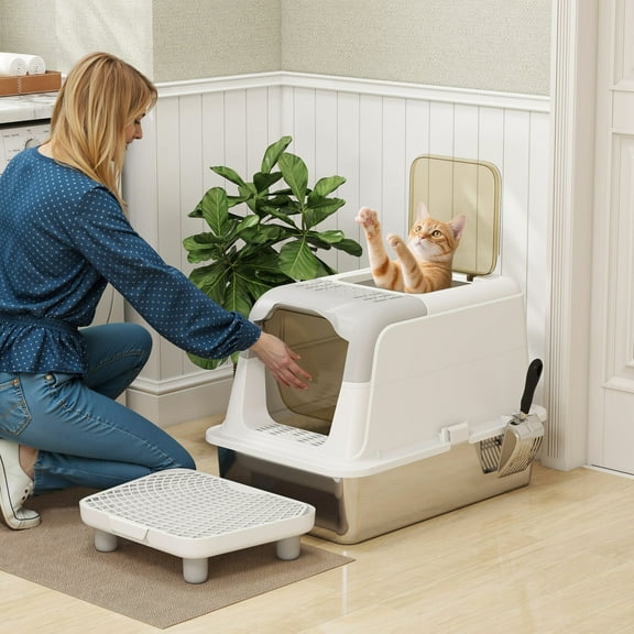 PawHut Stainless Steel Litter Box with Lid, Extra Large Cat Litter Box with High Sided, Front-Entry and Top-Exit, Scoop, Deodorizer Bag, Pedal