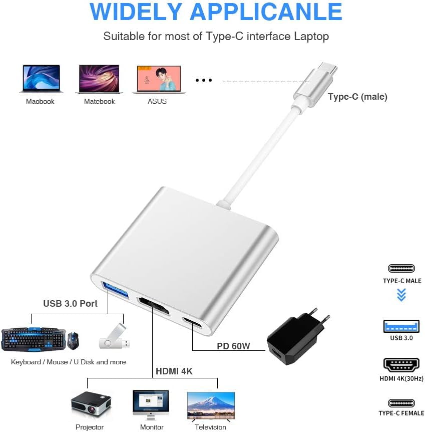 USB C to HDMI Adapter, Type C to 4K HDMI Adapter with 100W PD & USB 3.0 Port Multiport Digital AV Converter for MacBook Pro/air, iPad Pro/air, iPhone 15 and More USB-C Devices (Silver)
