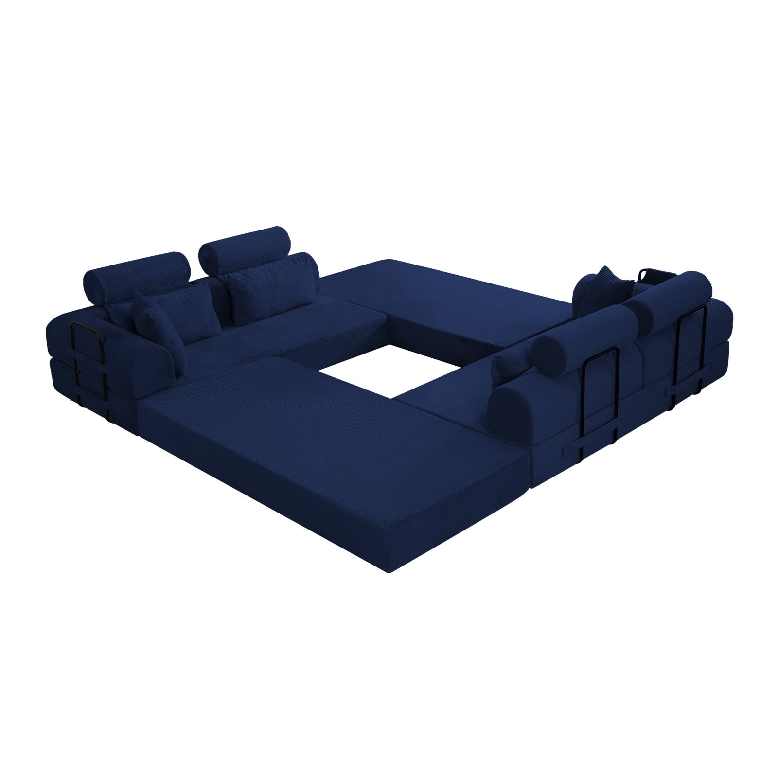 L-Shaped Sectional Sofa Converts to Bed, Corduroy Chaise Lounge with 28D High-Density Foam, No Assembly Compressed Couch for Apartments and Studios, Blue