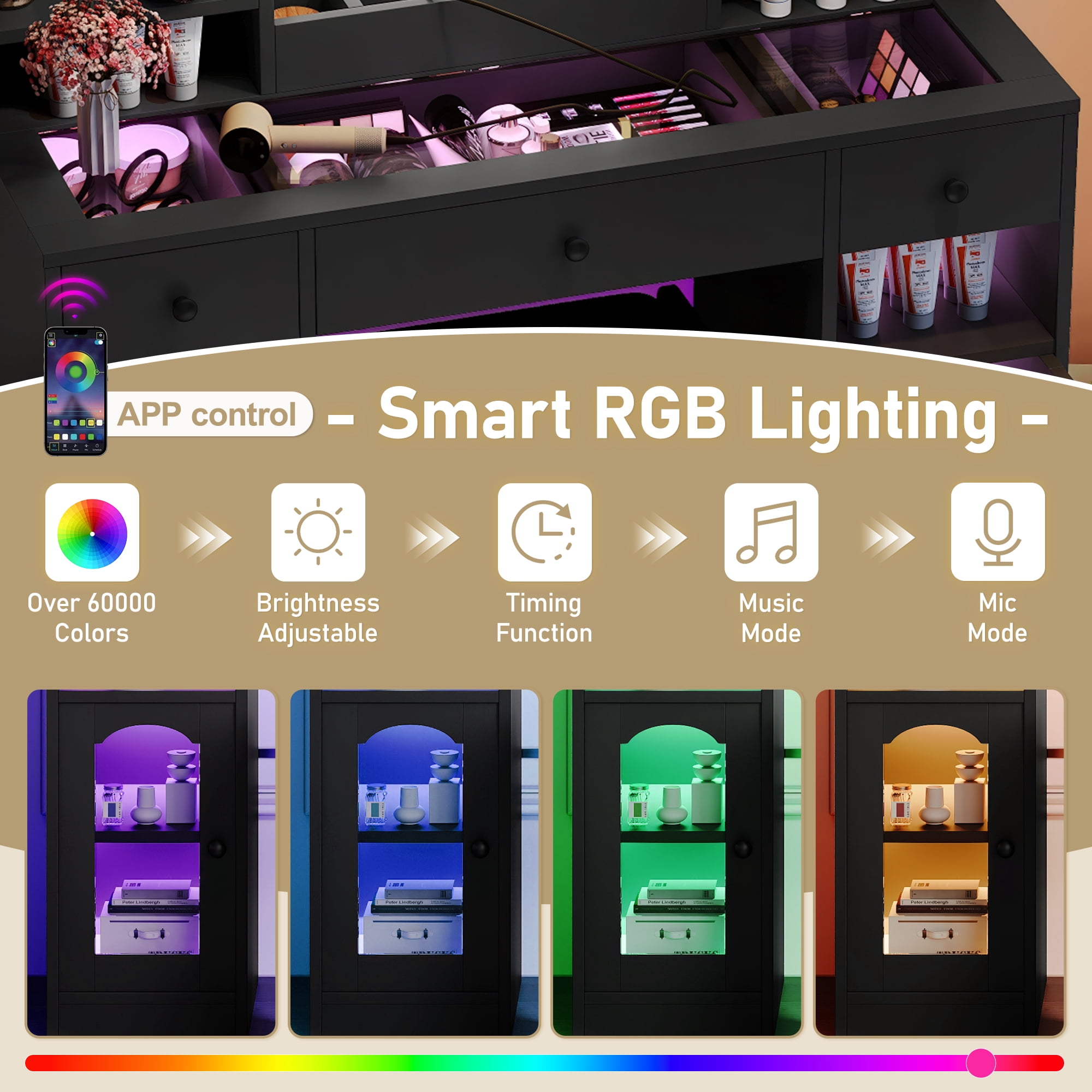 Mintazer 43.2" Vanity Desk with LED Mirror & RGB Glass Light Cabinets, Dressing Table with Charging Station & 3 Drawers, Makeup Vanity Table Set with Storage Shelves & Stool for Bedroom, Black