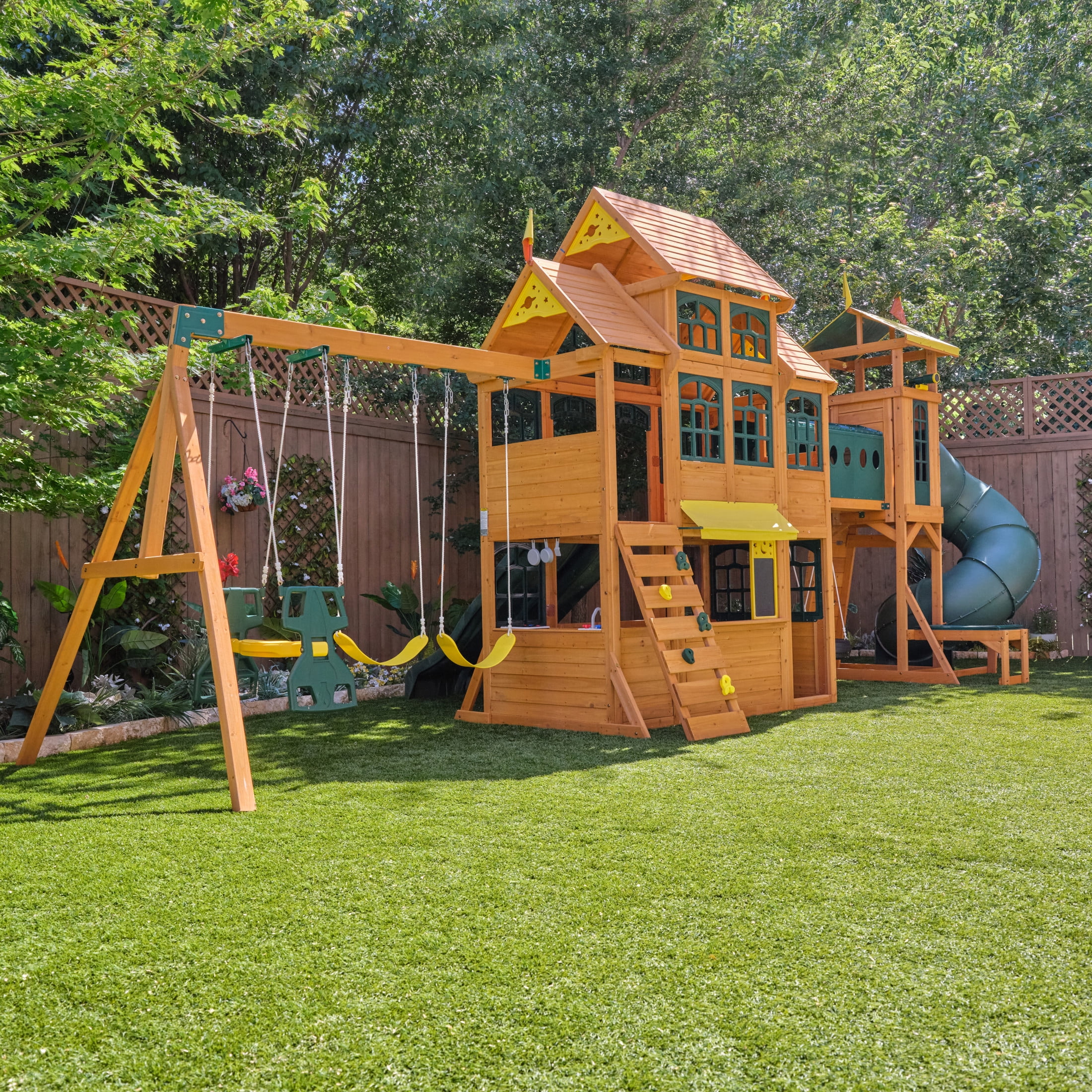 KidKraft Bear Cave Lodge Swing Set with 2 Swings and Tunnel