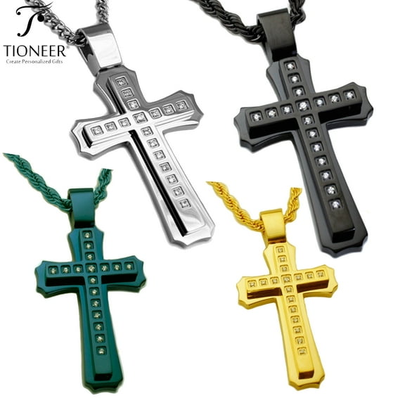 Tioneer Stainless Steel Cubic Zirconia Classic Cross Necklace in Silver, Gold Plated, Blue, or Black
