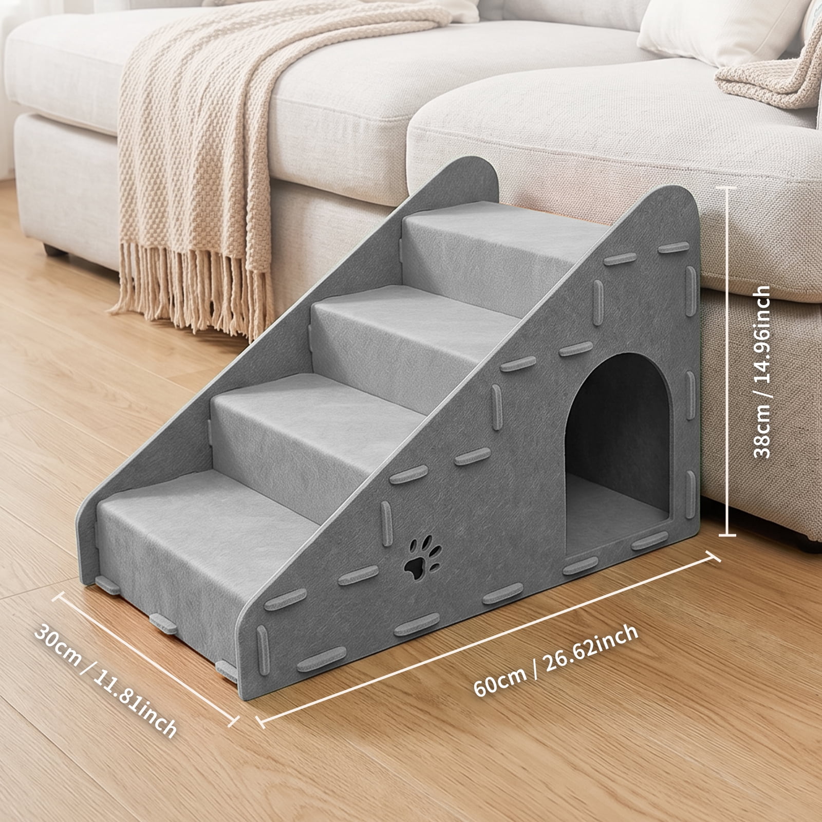 4‑Step Steps for Cats, Stable Non‑Slip Cat Ramp Stairs, Portable Cat Steps for Couch, Bed, Car, Ideal for Puppies, Senior & Injured Cats, Grey 60*30*38cm