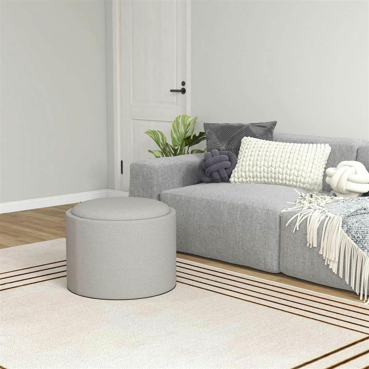 Demi Bonn 22" Round Ottoman Coffee Table with Flip Top, Hidden Storage, Linen Upholstered Footstool for Living Room, Gray