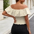 thumbnail image 6 of LEKWK Off the Shoulder Tops for Women Ruffle Short Sleeve Smocked Peasant Blouses Slim Fit Going Out Crop Tops Summer Fashion Beach Vacation Daily Outfits, 6 of 7