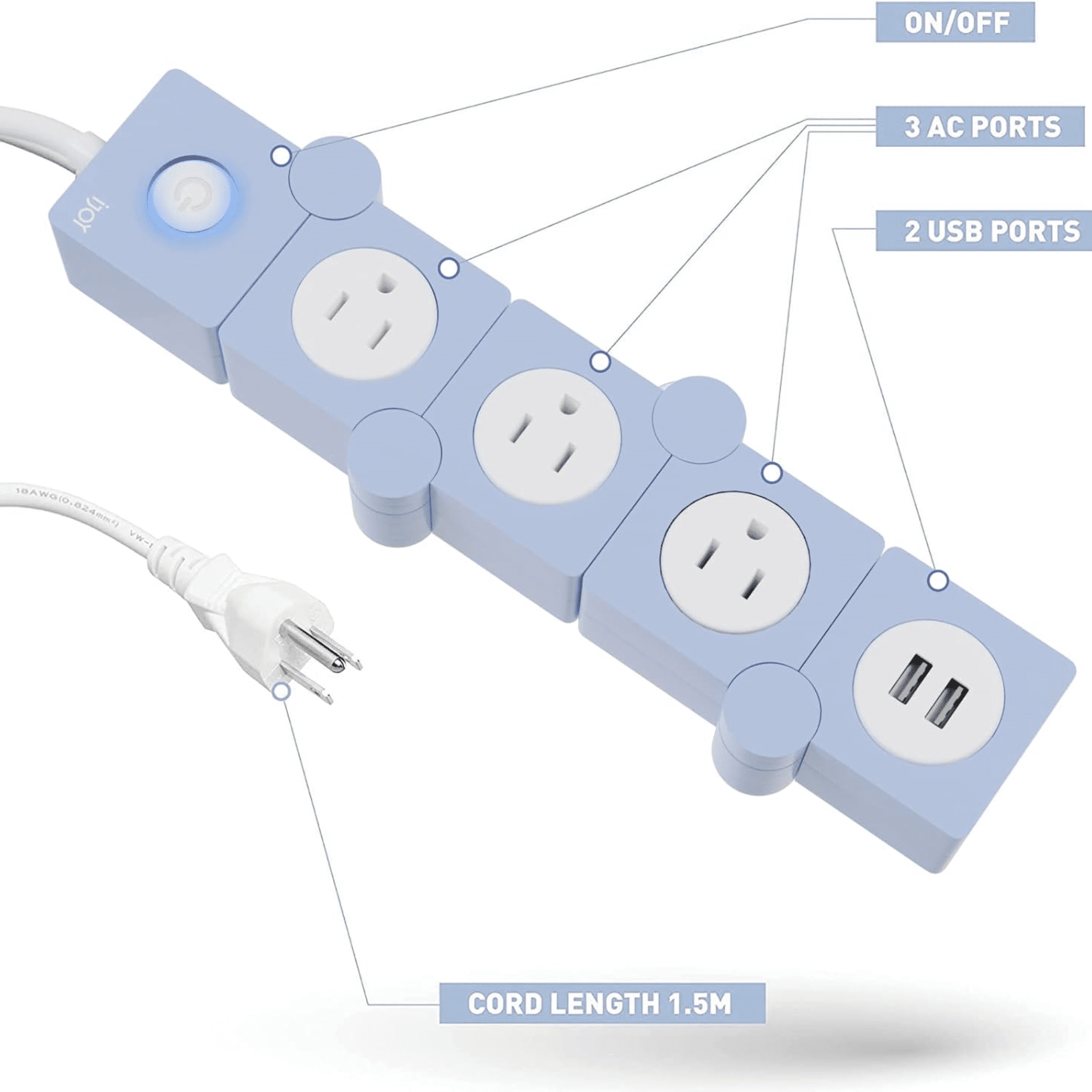 iJoy Power Strip  Surge Protector Outlet, Extension Cord, 3 Outlets, 2 USB Ports, 5Ft Cord (Blue)