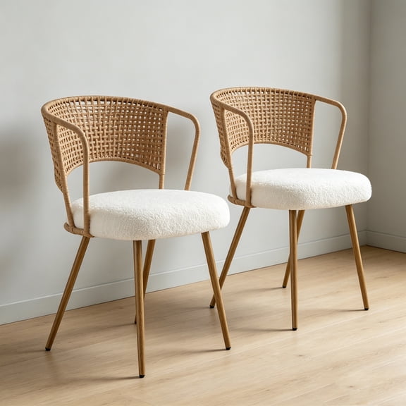 Dining Chairs Set of 2, Farmhouse Rattan Dining Room Chairs, Wingback Upholstered Kitchen Chairs Set of 2 with Cane Back & Metal Legs, Brown