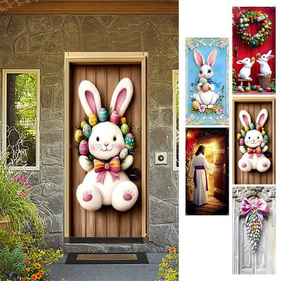 35x72 Inchs Easter Door Cover Decoration Entrance Door Banner with Rabbits and Easter Egg Pattern for Easter Party Background, Garden Wall Decor