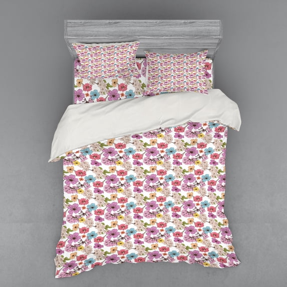Spring Duvet Cover Set, Burgeoning Colorful Apple Flowers in Hand Drawn Style Natural Garden Theme Ornament, Bedding Set with Shams and Fitted Sheet, 3 Sizes, by Ambesonne